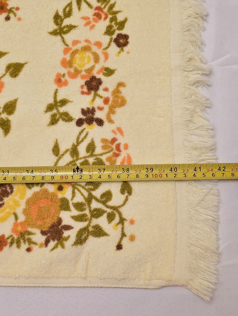 Vintage Stevens Utica 70s Bath Towel Yellow Floral Bird Fringe Retro Cotton